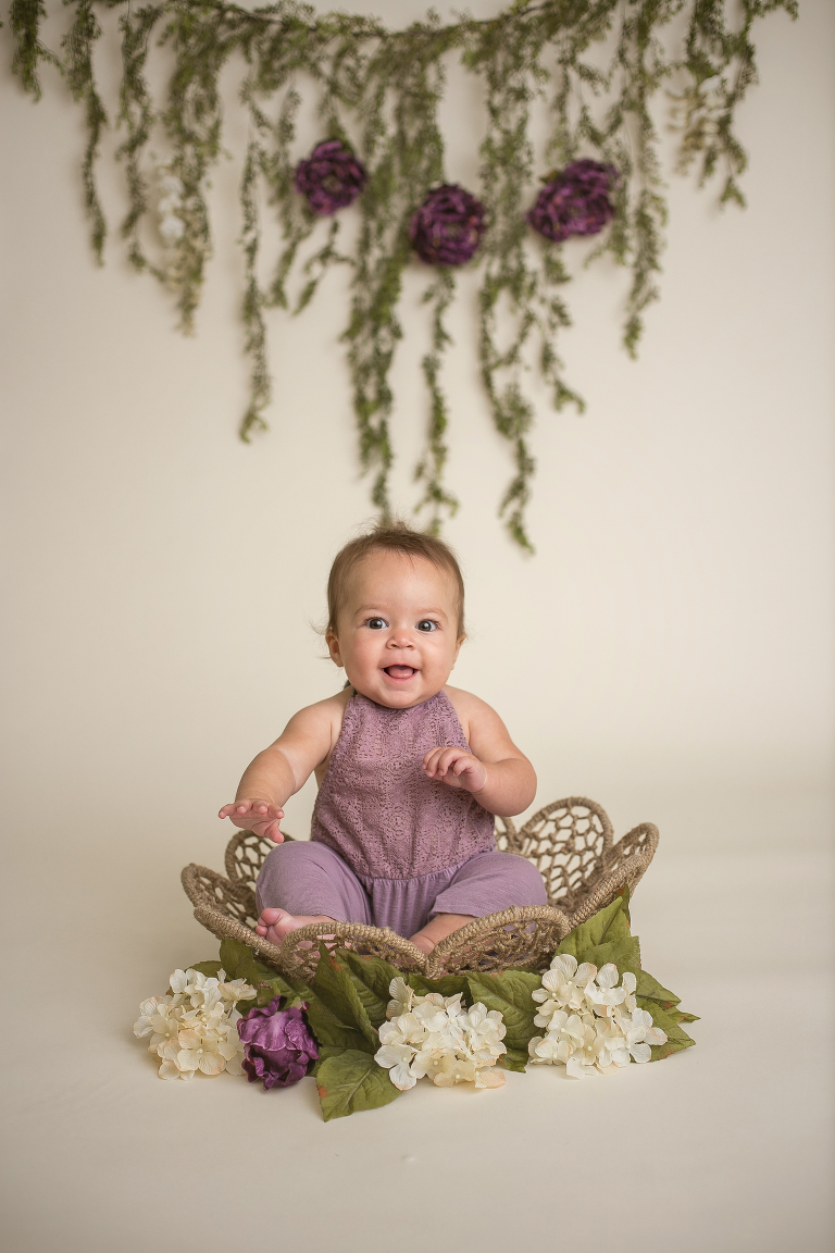 greenery,purple and white flowers with crochet baby bowl for sitter photo session