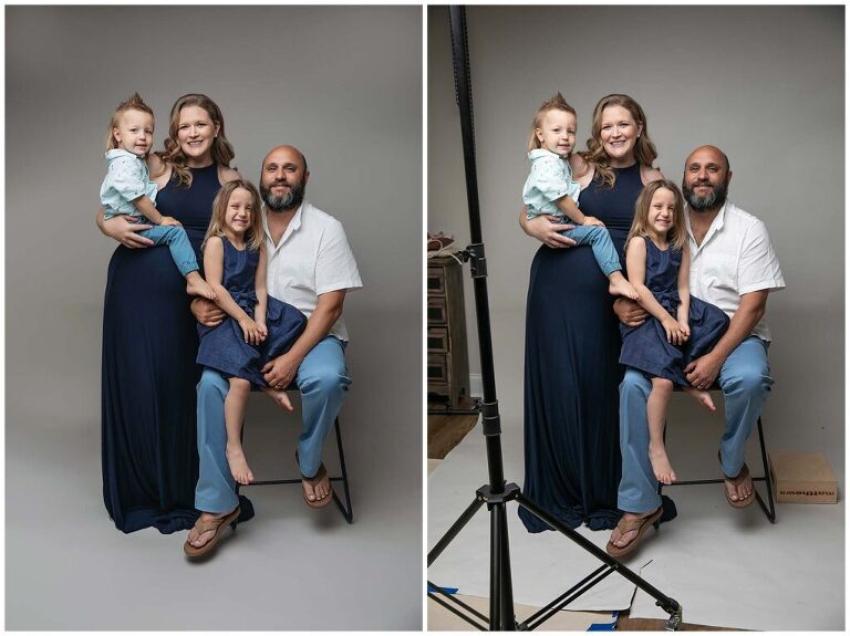 Before and after to show editing out of studio light stands in a maternity session