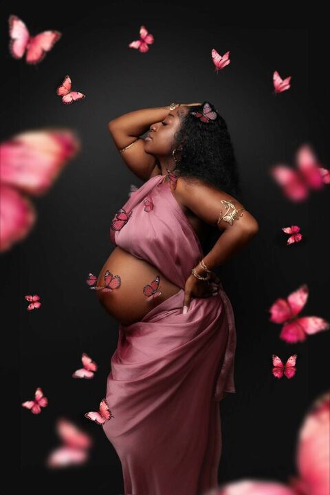 Beaufort studio maternity session including pink butterflies 