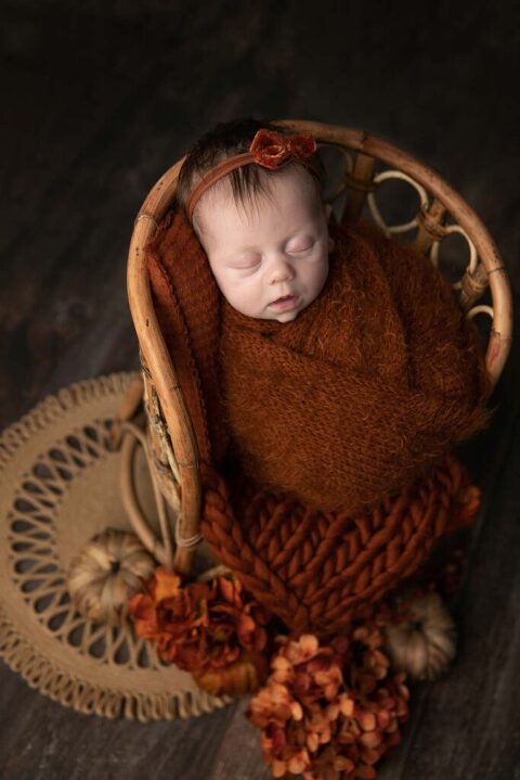 fall themed newborn session with orange wrap and pumpkins